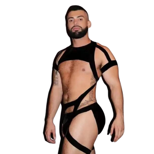 Front-facing model wearing a black cutout harness-style top and briefs