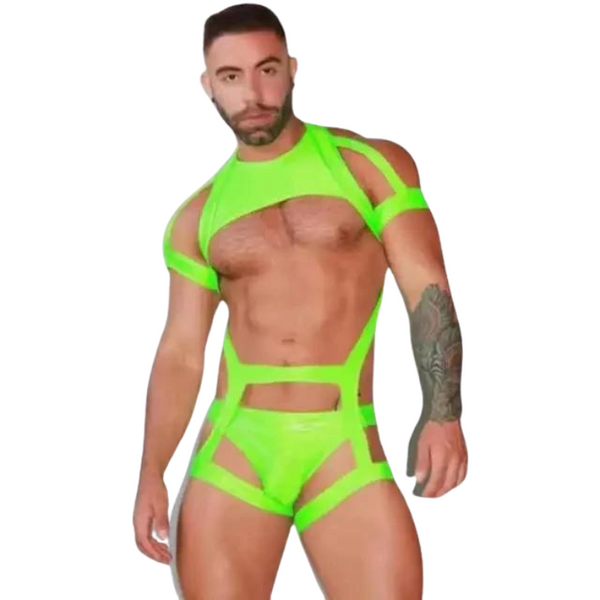Front-facing person models a fluorescent green cutout vest and matching briefs