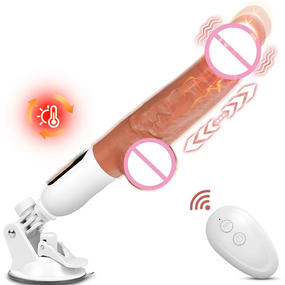 White-and-brown anal sex machine with suction base, remote, and motion icons