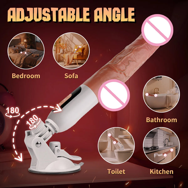 Adjustable-angle anal sex machine shown with a suction base and dildo attachment