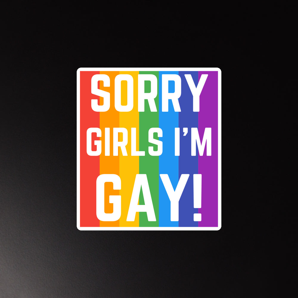 Square rainbow-striped magnet reading “SORRY GIRLS I’M GAY!”
