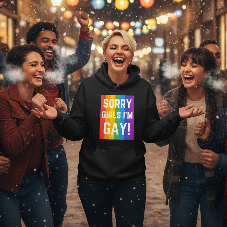 Smiling person in a black hoodie reading “SORRY GIRLS I’M GAY!” under rainbow lights