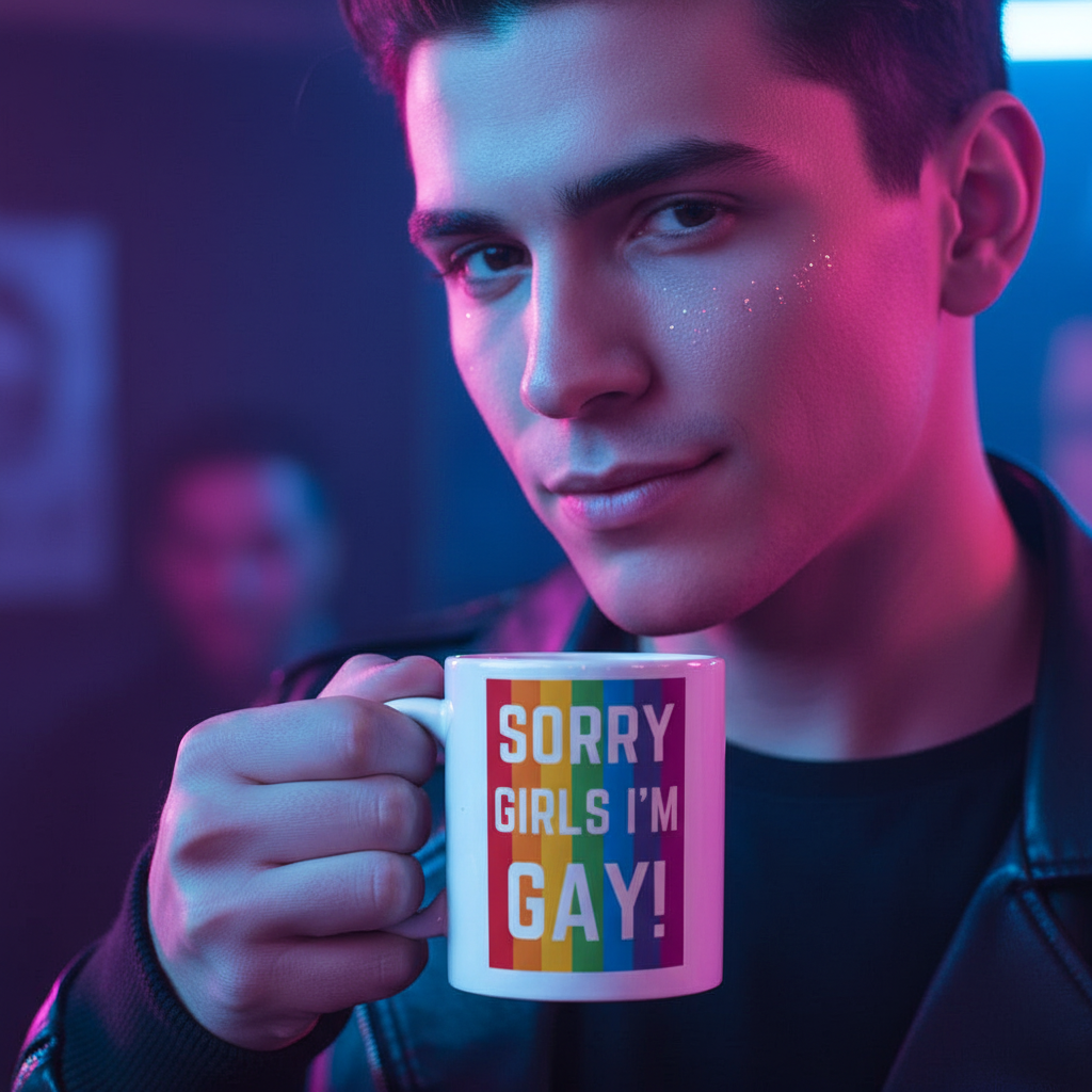 Person holds a white mug reading “SORRY GIRLS I’M GAY!” over rainbow stripes