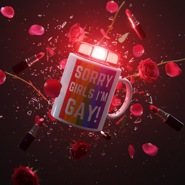 Angled white mug reading “SORRY GIRLS I’M GAY!” over rainbow stripes, with roses and lipsticks