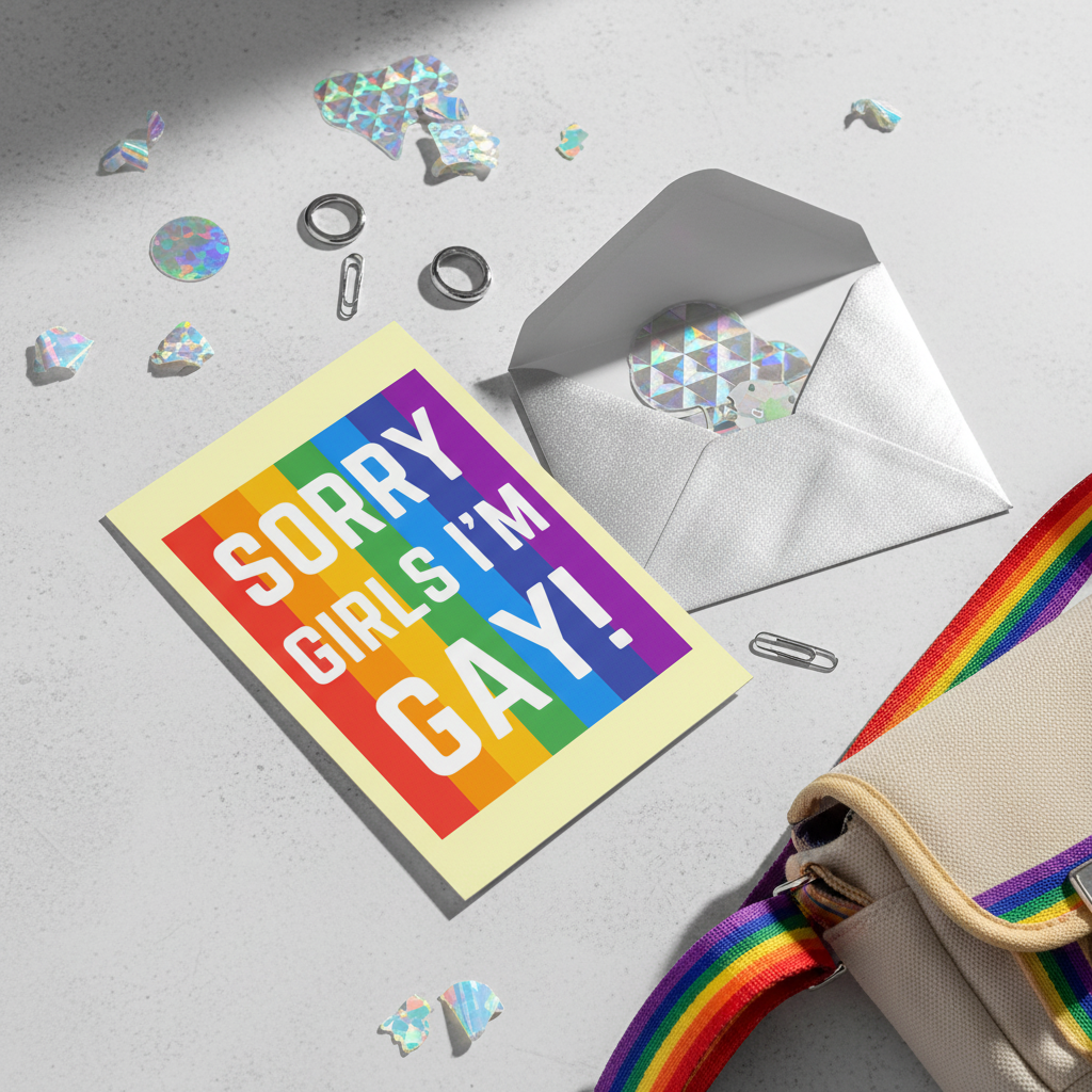 Rainbow postcard reading “SORRY GIRLS I'M GAY!” beside a silver envelope and rainbow-strap bag