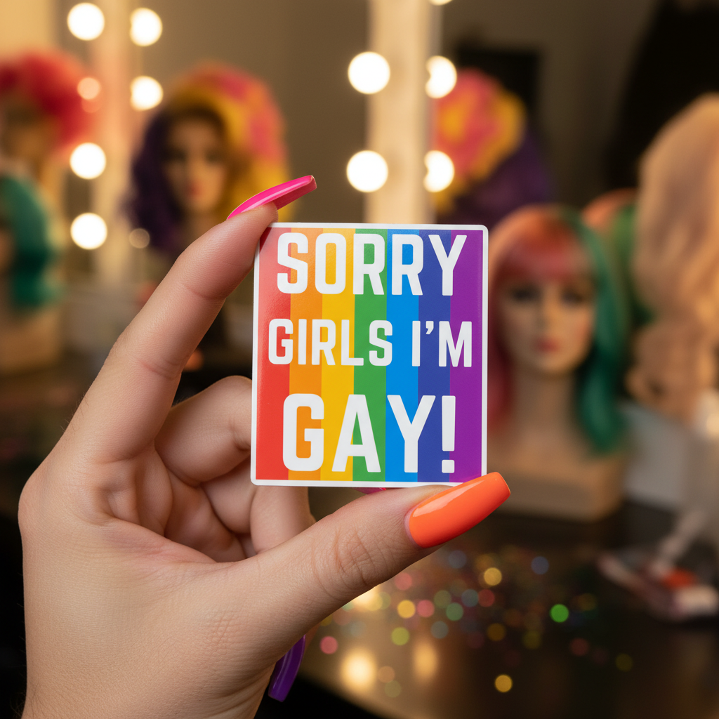 Hand holding a rainbow-striped magnet reading “SORRY GIRLS I’M GAY!”