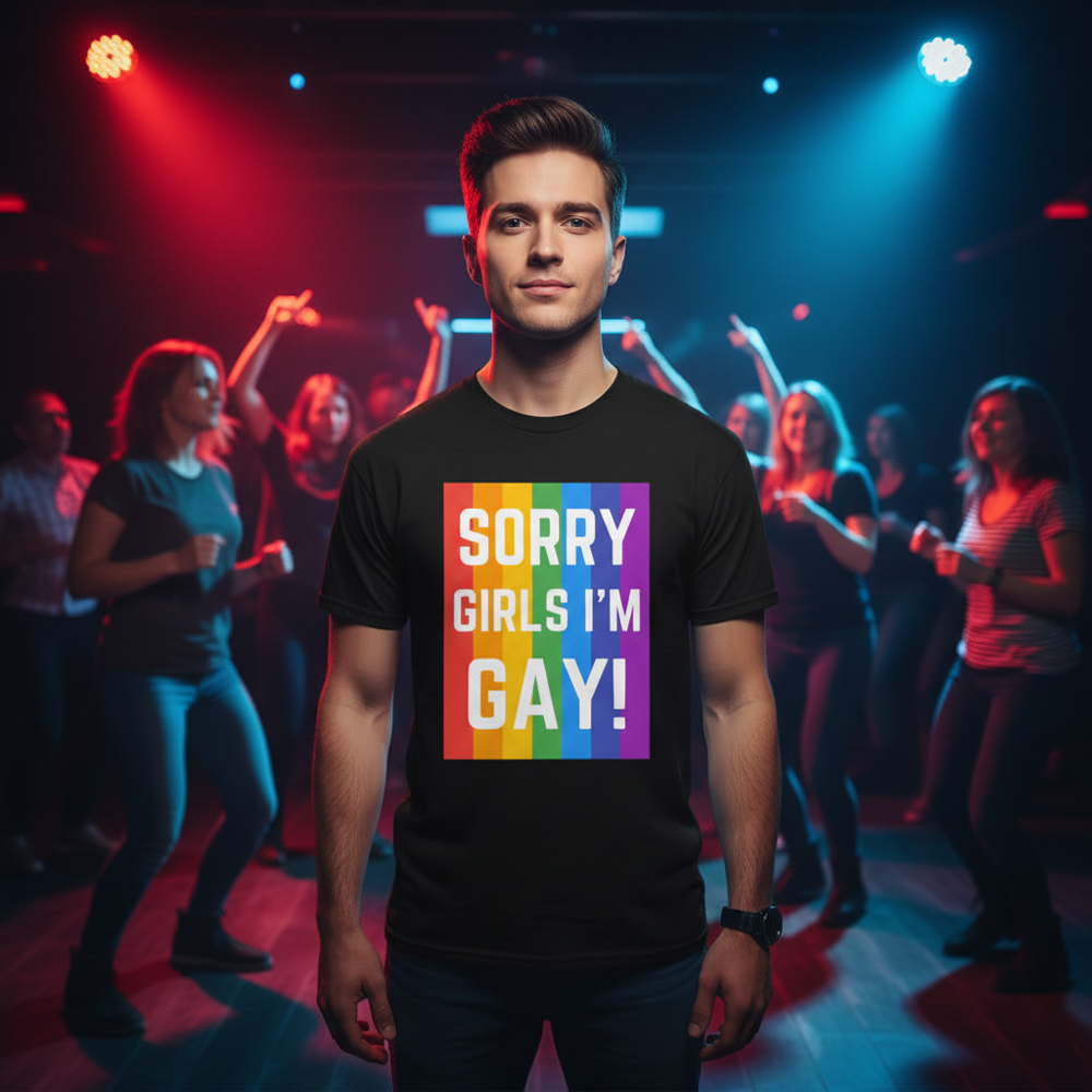 Sorry Girls I'm Gay! T-shirt with bold rainbow lettering, rocked by a person in a vibrant blue and red lit queer club scene