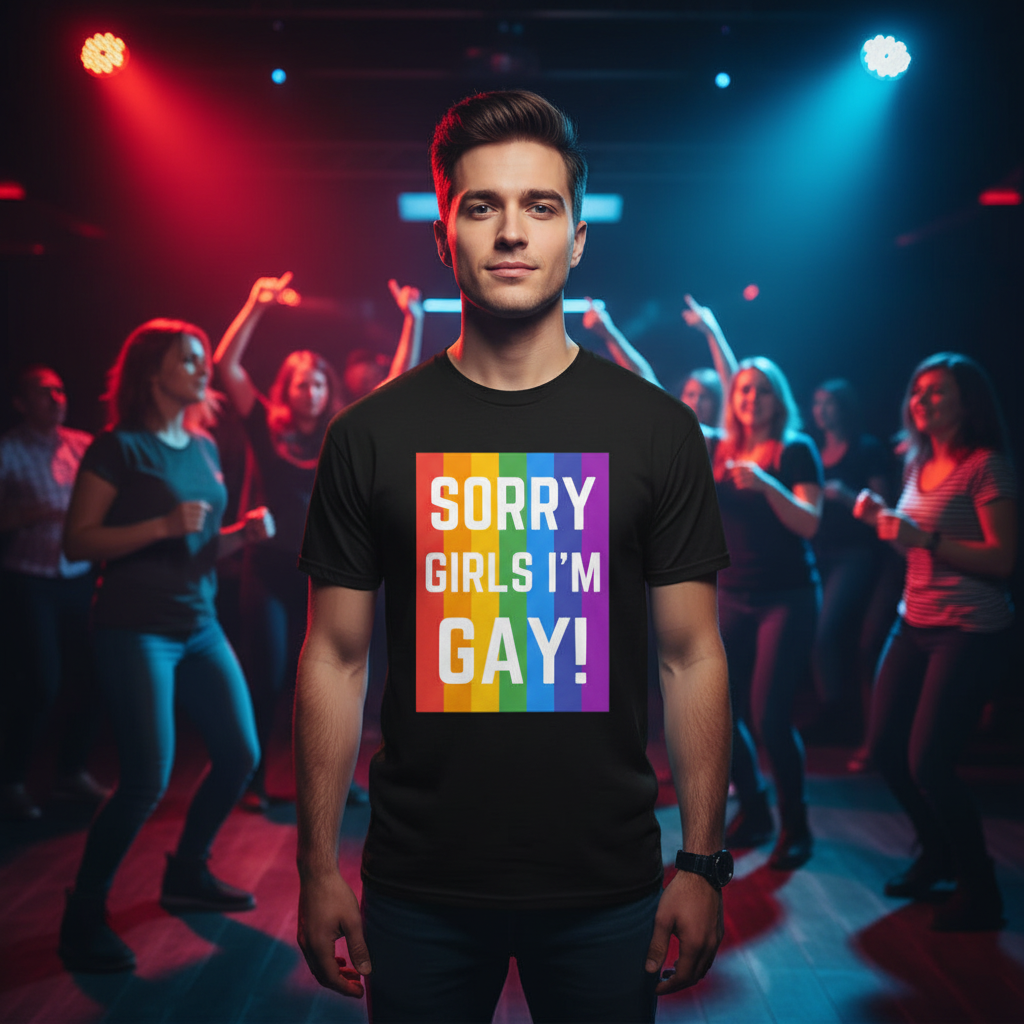Sorry Girls I'm Gay! T-shirt with bold rainbow lettering, rocked by a person in a vibrant blue and red lit queer club scene