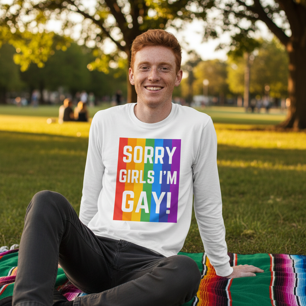 “Sorry Girls Im Gay! Unisex Long Sleeve T-Shirt” with a rainbow background