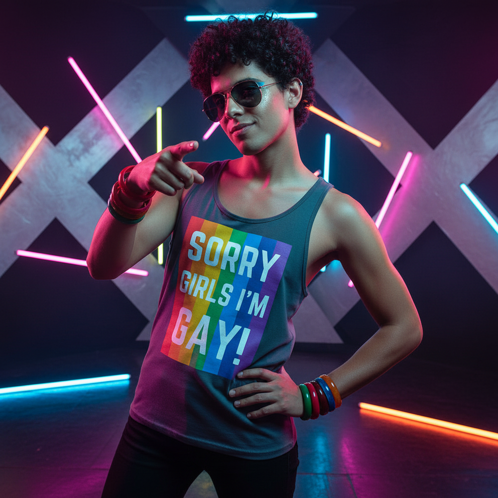 Sorry Girls I'm Gay! Unisex Tank Top on a curly-haired person with sunnies and bright bracelets, glowing in neon