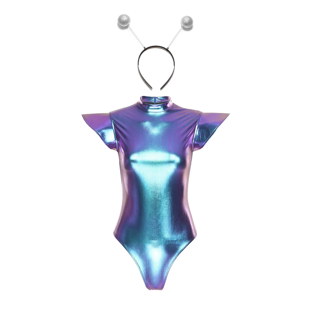 Space cadet metallic zip bodysuit photographed for the product listing.