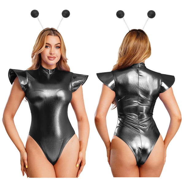 Space cadet metallic zip bodysuit photographed for the product listing.