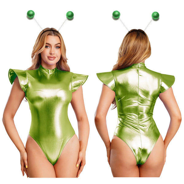 Space cadet metallic zip bodysuit photographed for the product listing.