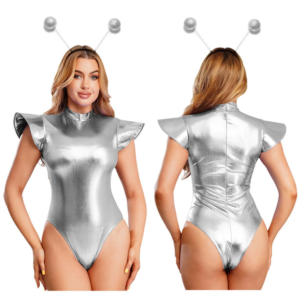 Space cadet metallic zip bodysuit photographed for the product listing.