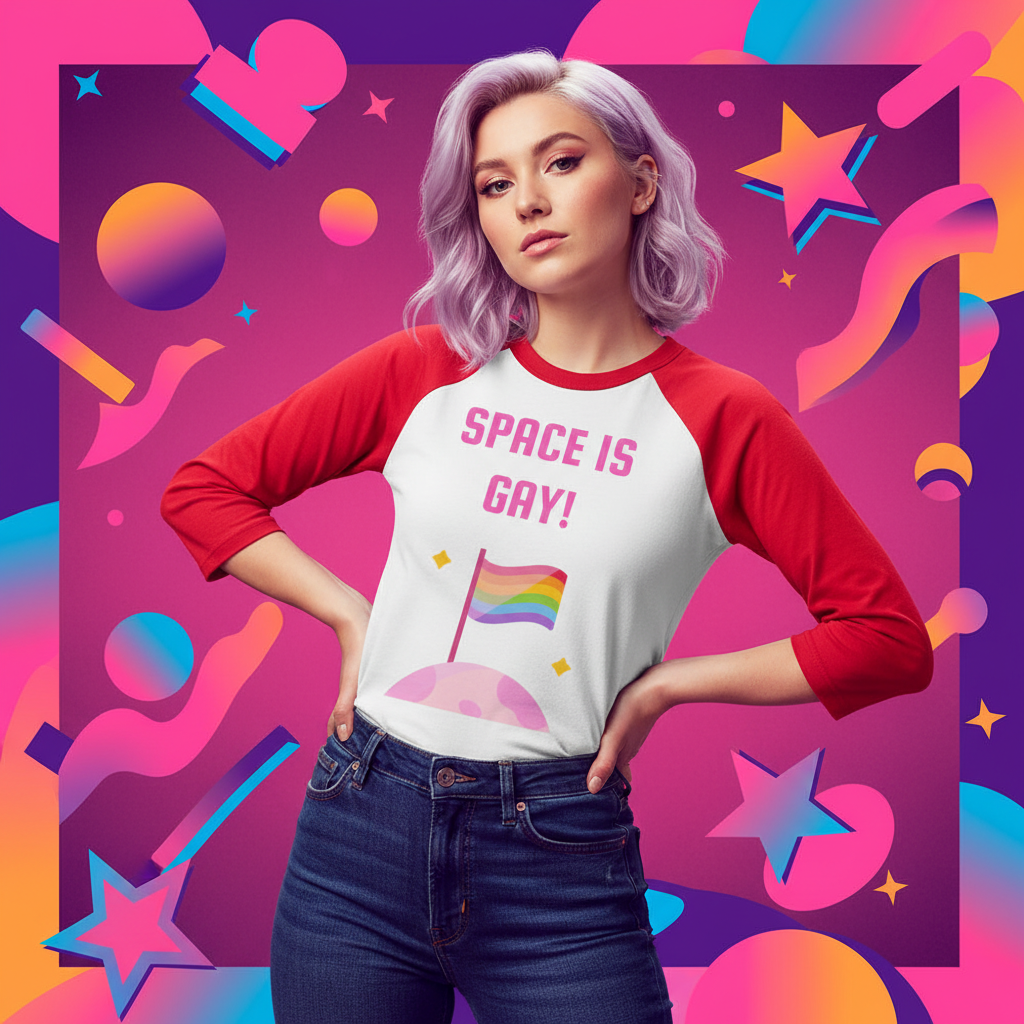 Model wearing a white-and-red raglan shirt reading “SPACE IS GAY!” with a rainbow flag graphic