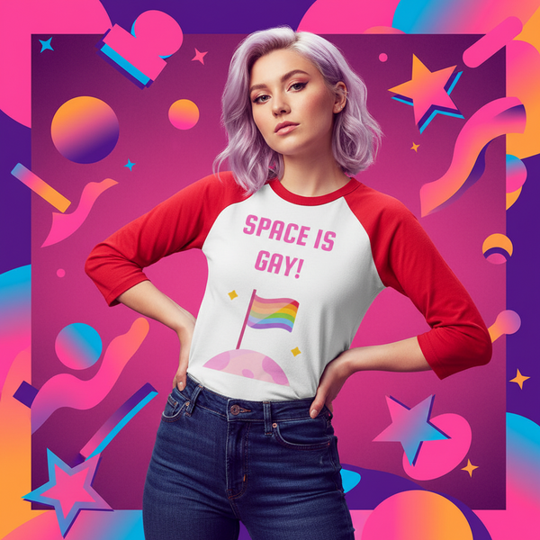 Model wearing a white-and-red raglan shirt reading “SPACE IS GAY!” with a rainbow flag graphic
