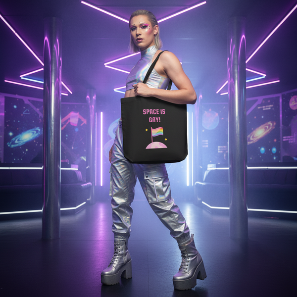 Space Is Gay Eco Tote Bag with rainbow planet and 