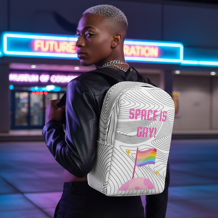 Space Is Gay Minimalist Backpack with rainbow flag and bold pink “SPACE IS GAY!” slogan
