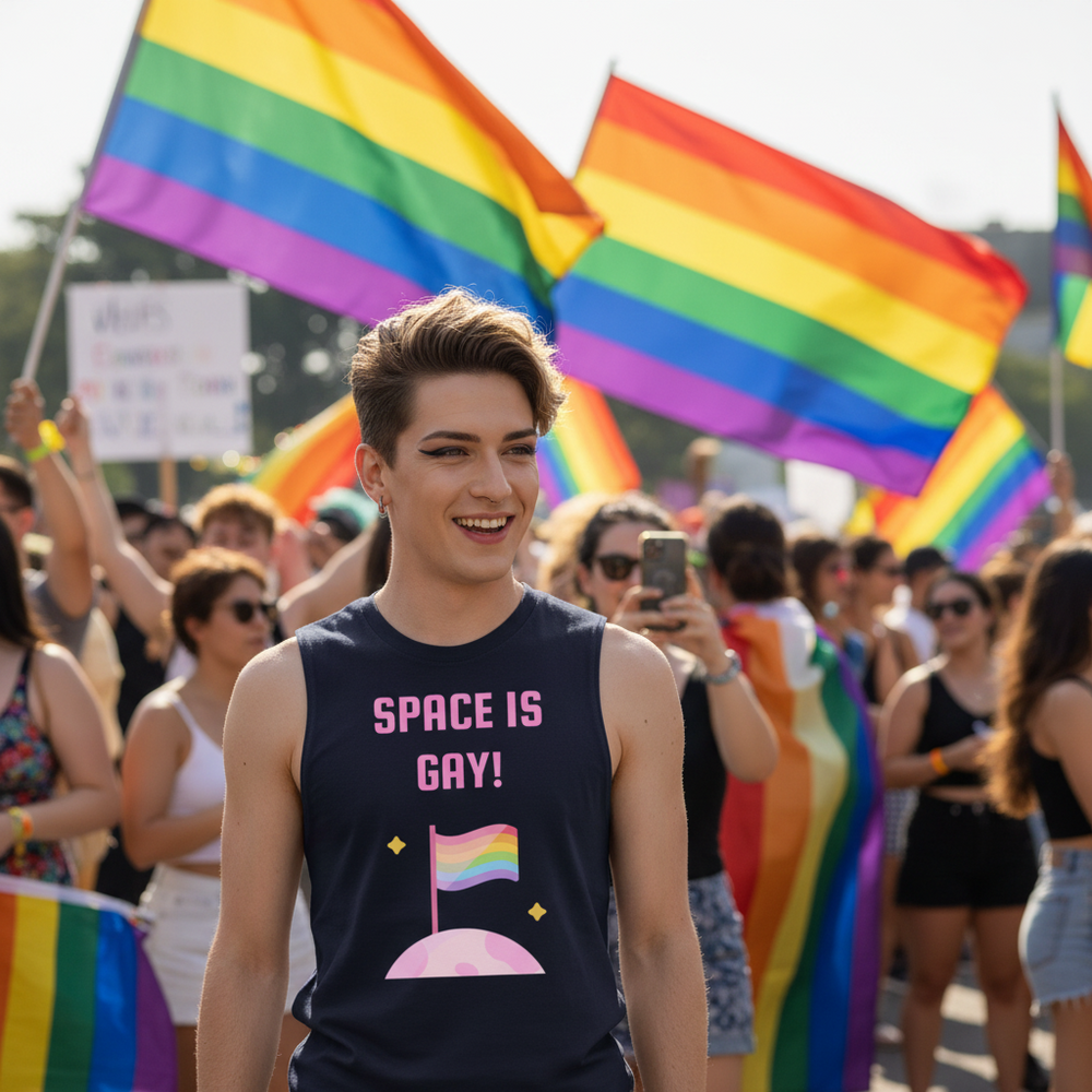 Relaxed fit, sleeveless Space Is Gay Muscle Top on a smiling person at pride