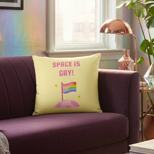 Space Is Gay Pillow shows “Space is Gay!” above a rainbow pride flag on a pink planet