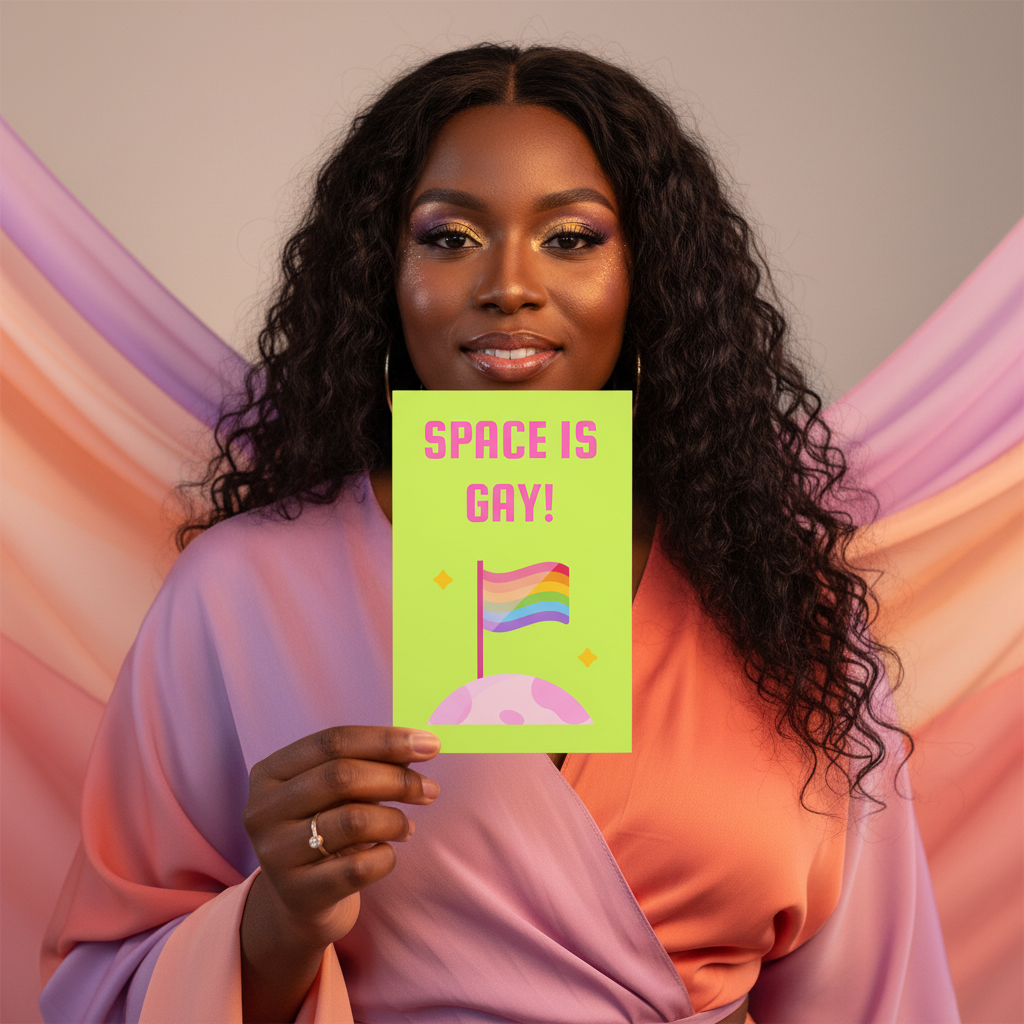 Space Is Gay Postcard shows a person in a peach top holding neon green “SPACE IS GAY!” sign over rainbow flag, pink planet