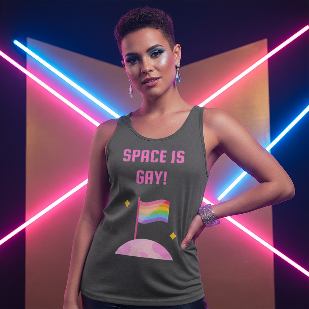 Space Is Gay Unisex Tank Top—black with “SPACE IS GAY!” above a rainbow flag on a cartoon planet