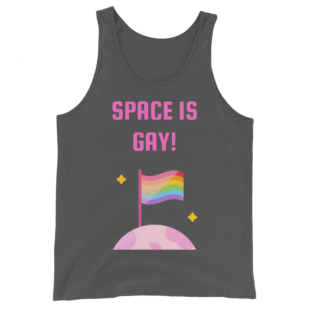 Dark gray unisex tank top with bold pink "SPACE IS GAY!" over a cartoon rainbow flag on a pink planet