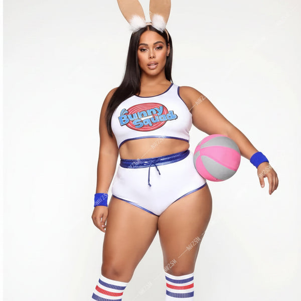 Model wearing a white-and-blue Bunny Squad crop top and high-waisted shorts with bunny ears