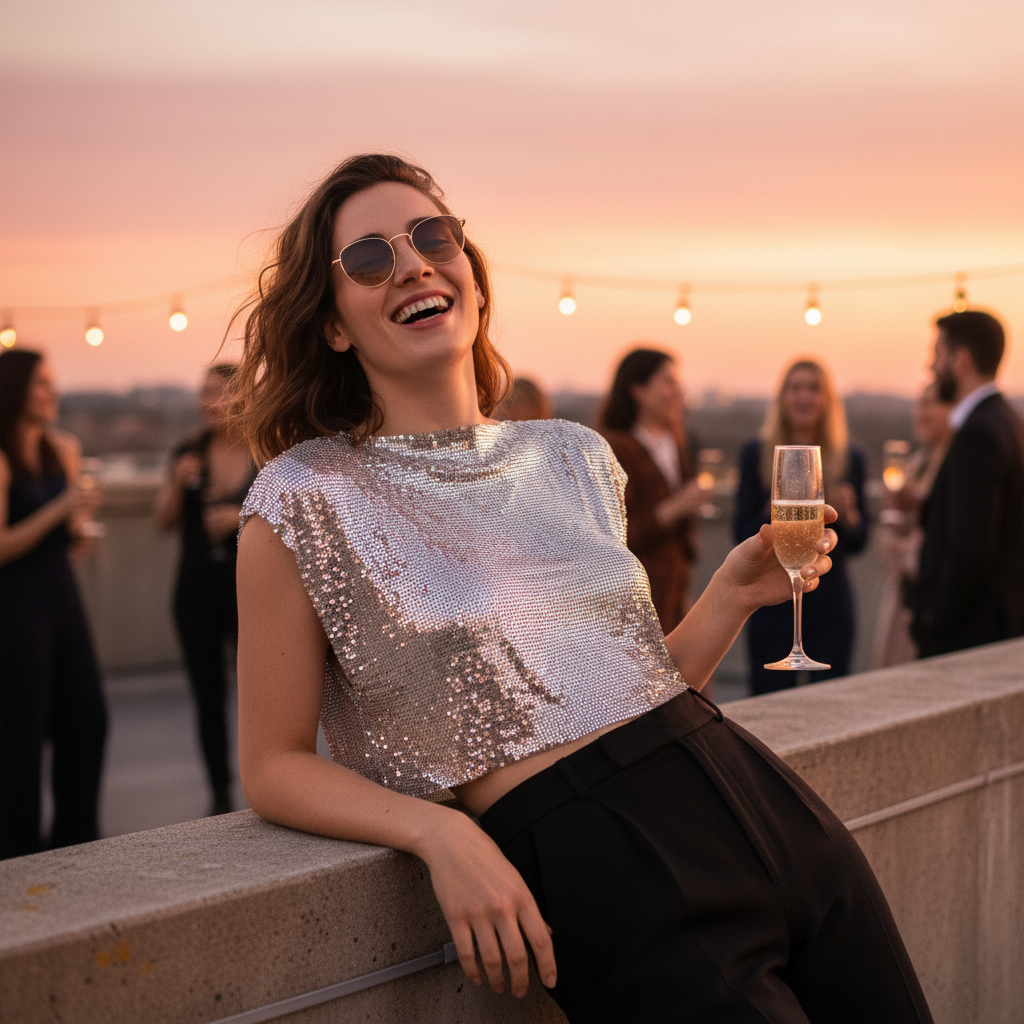 Person in sunglasses wearing a cropped silver sequin shirt at a rooftop party