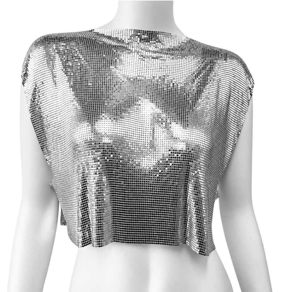 Front view of a silver mirrored-disc mesh crop top on a headless mannequin