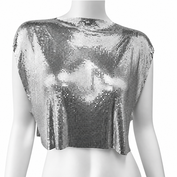 Front view of a silver mirrored-disc mesh crop top on a headless mannequin