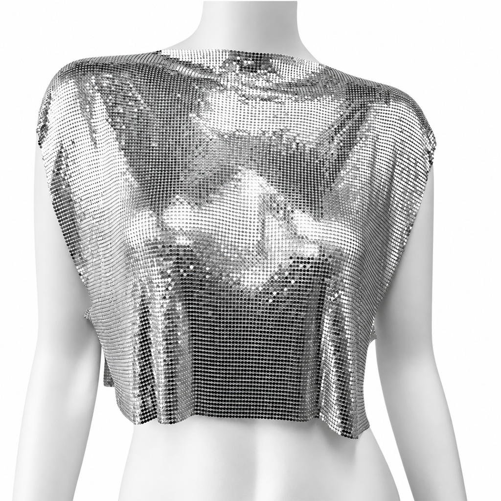 Front view of a silver mirrored-disc mesh crop top on a headless mannequin