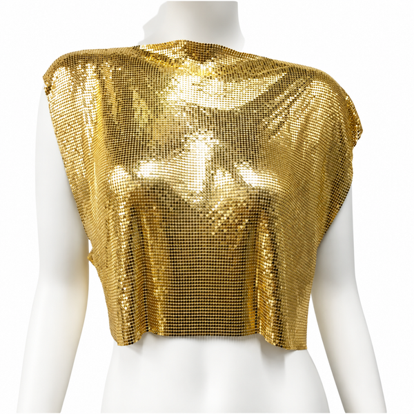 Front view of a cropped gold disco shirt with a shimmering mesh of metal-like discs
