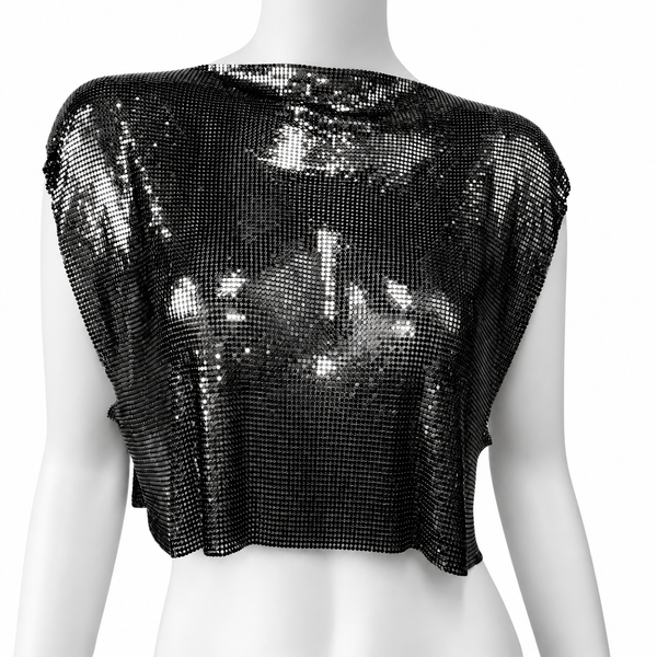 Front view of a black sequin crop shirt on a headless mannequin