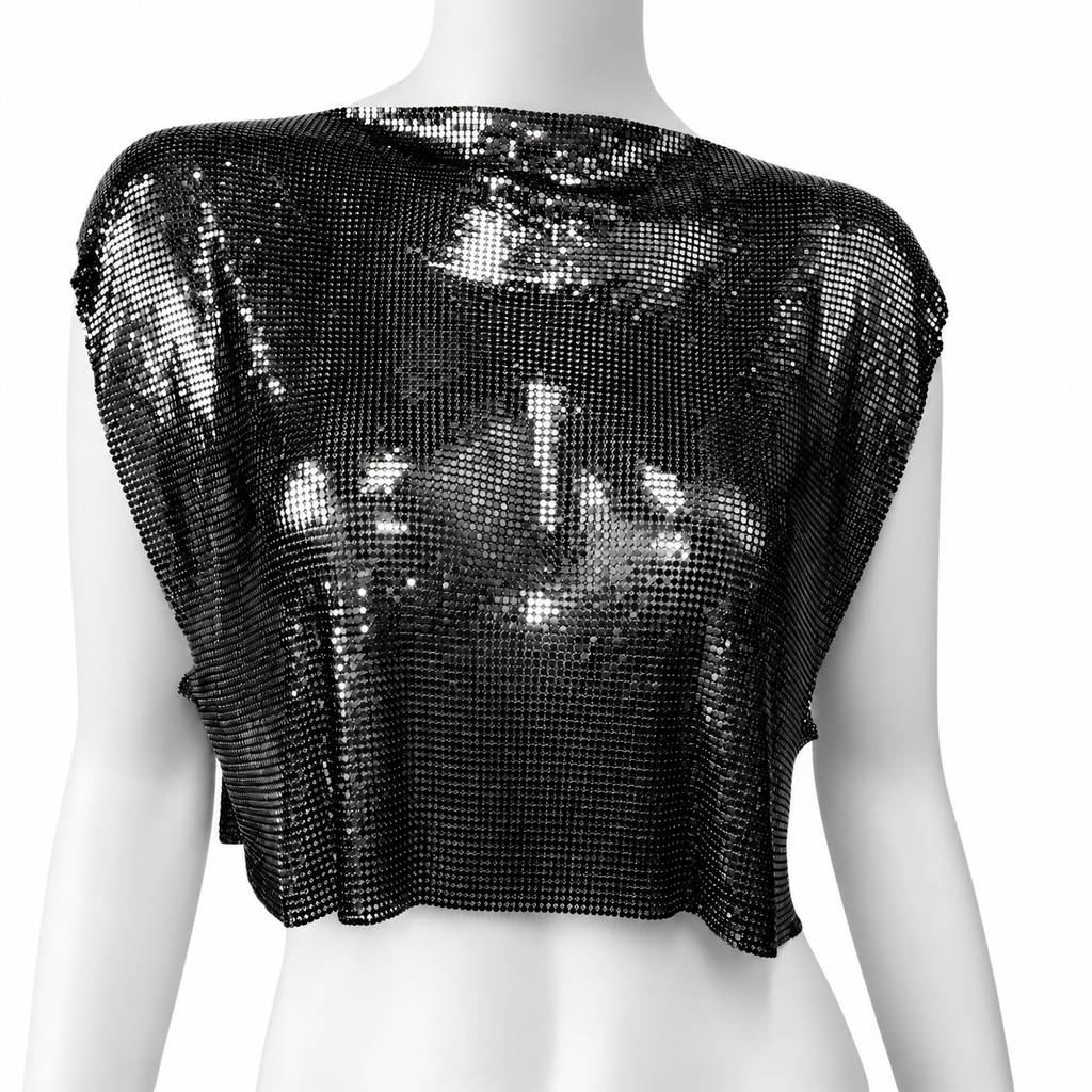 Front view of a black sequin crop shirt on a headless mannequin