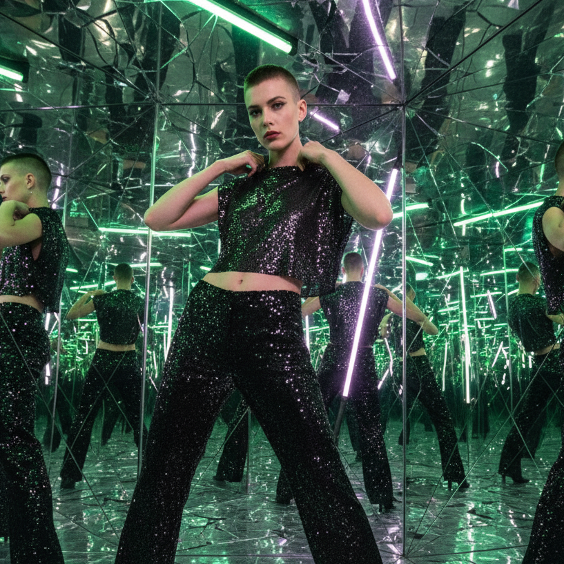 Model wearing a black sequined cropped shirt in a mirrored room with green lights