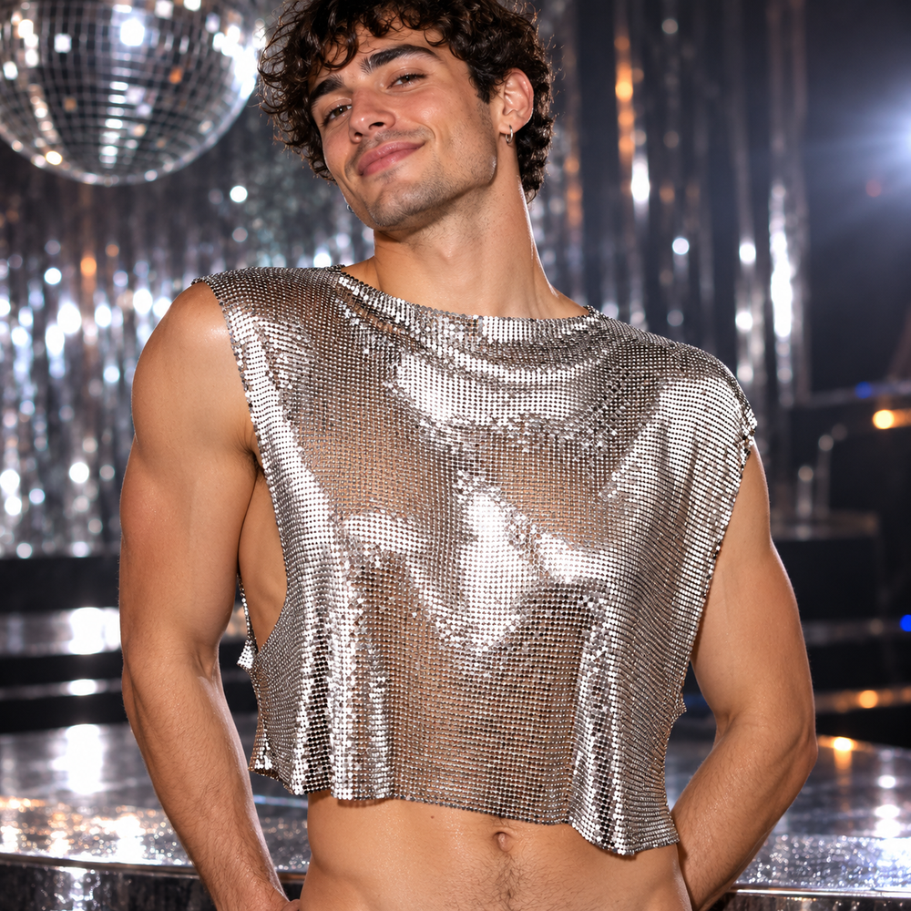 Sparkling Fierce Disco Shirt — Silver worn by a model.