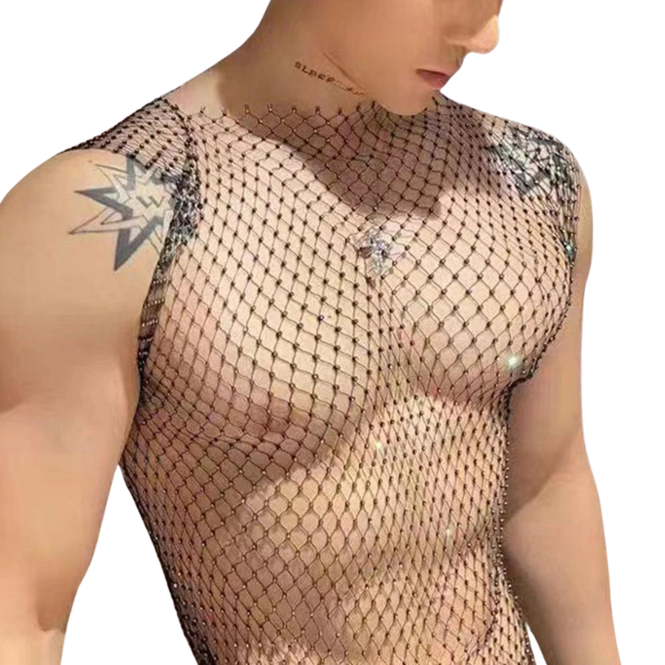 Close-up model view of a sheer black diamond-mesh vest with scattered rhinestones