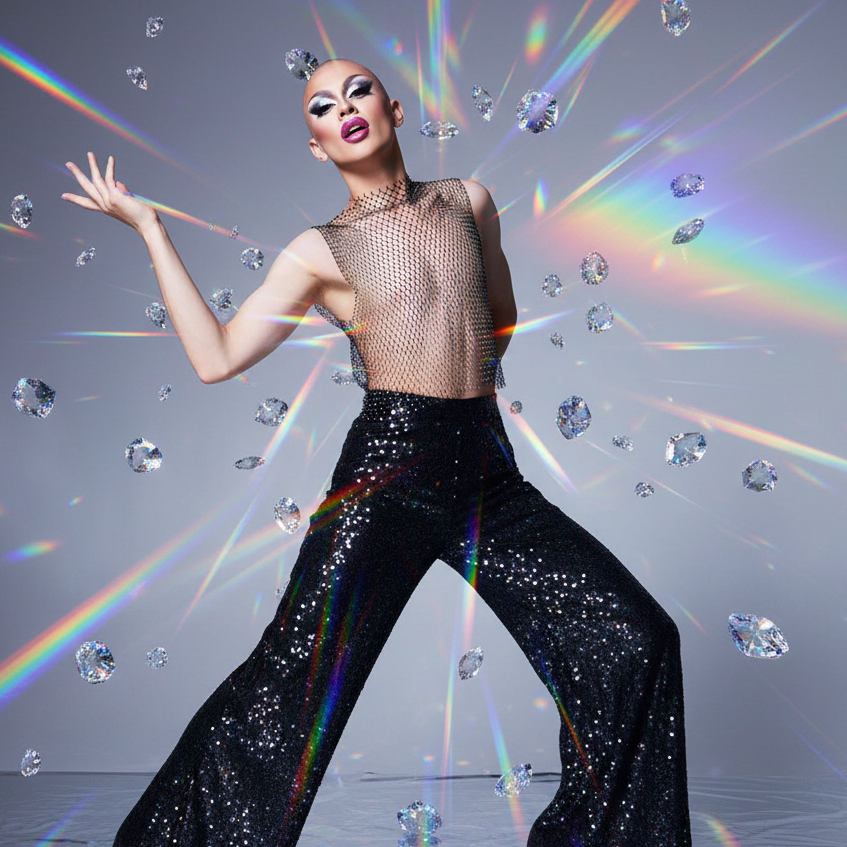Bald model in a sheer black diamond-mesh vest with wide-leg sequined pants