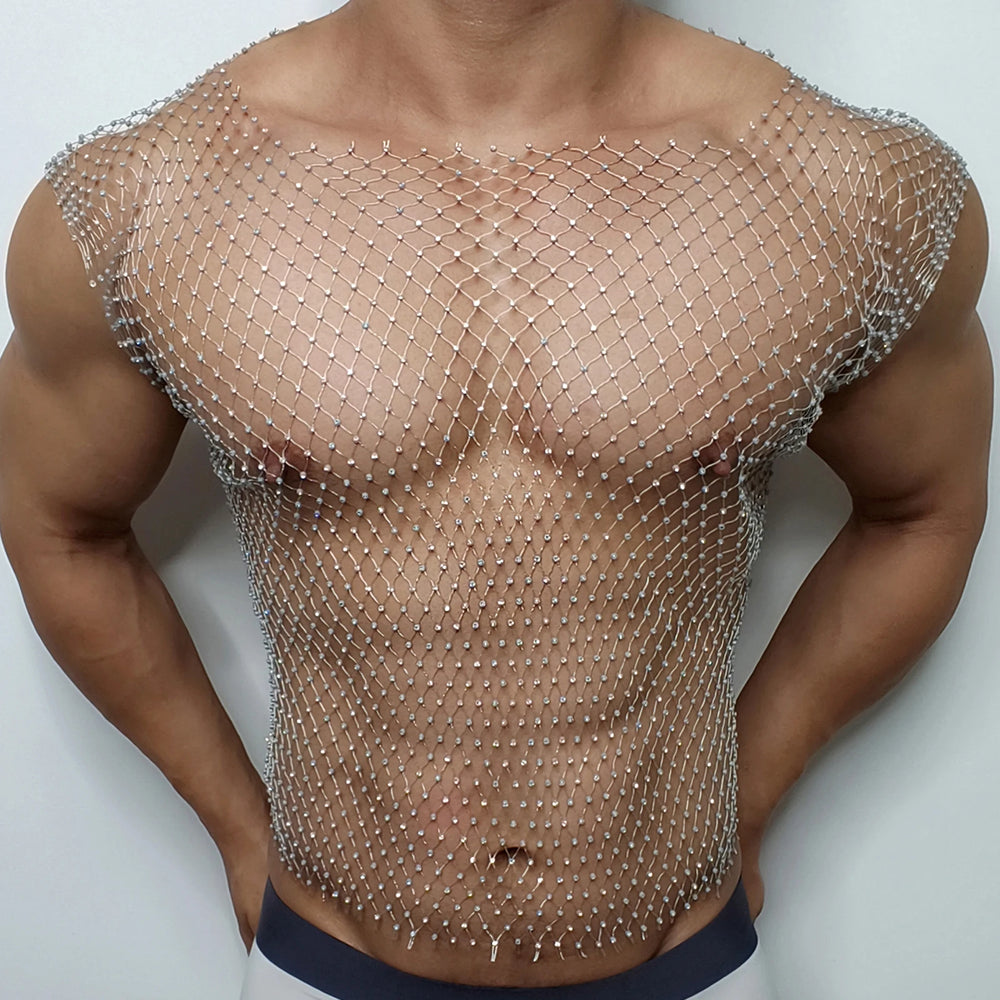 Sparkling Intrigue Diamond Mesh Vest: silver-tone diamond-pattern mesh top, front view on a model.