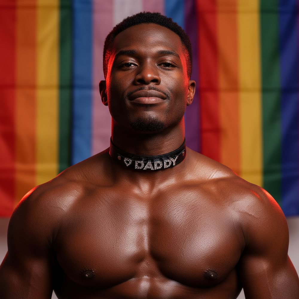 Black leather BDSM collar with sparkling “DADDY” lettering worn by a model before a Pride flag