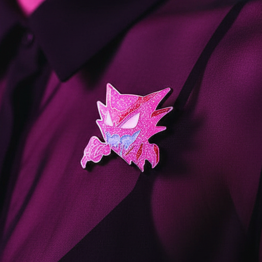 Sparkly Haunter Enamel Pin: A glittery pink, stylized Gengar pin on a dark purple garment