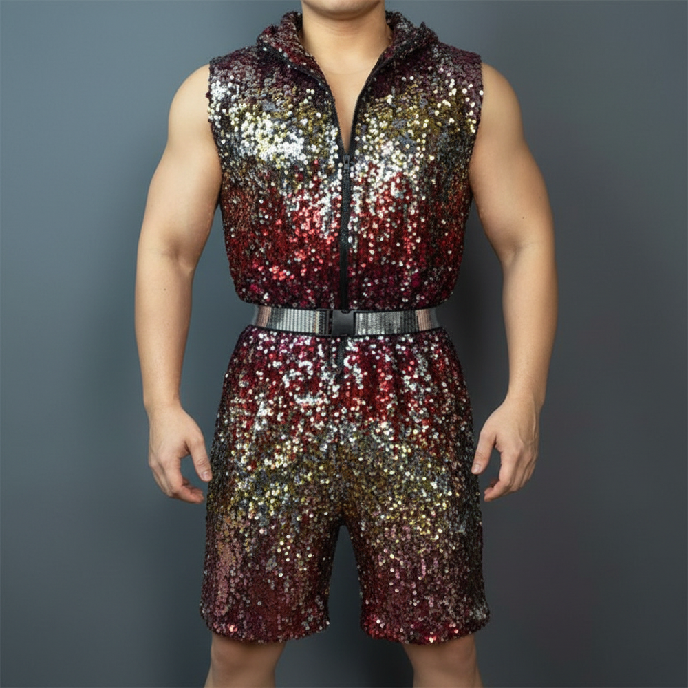 Front view of a model wearing a multicolor sequin vest and matching knee-length shorts