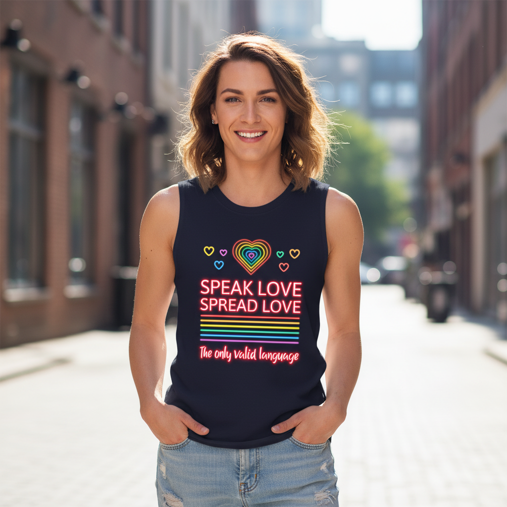 Speak Loud Spread Love Muscle Top—relaxed-fit navy tee with rainbow stripes, colorful heart accents