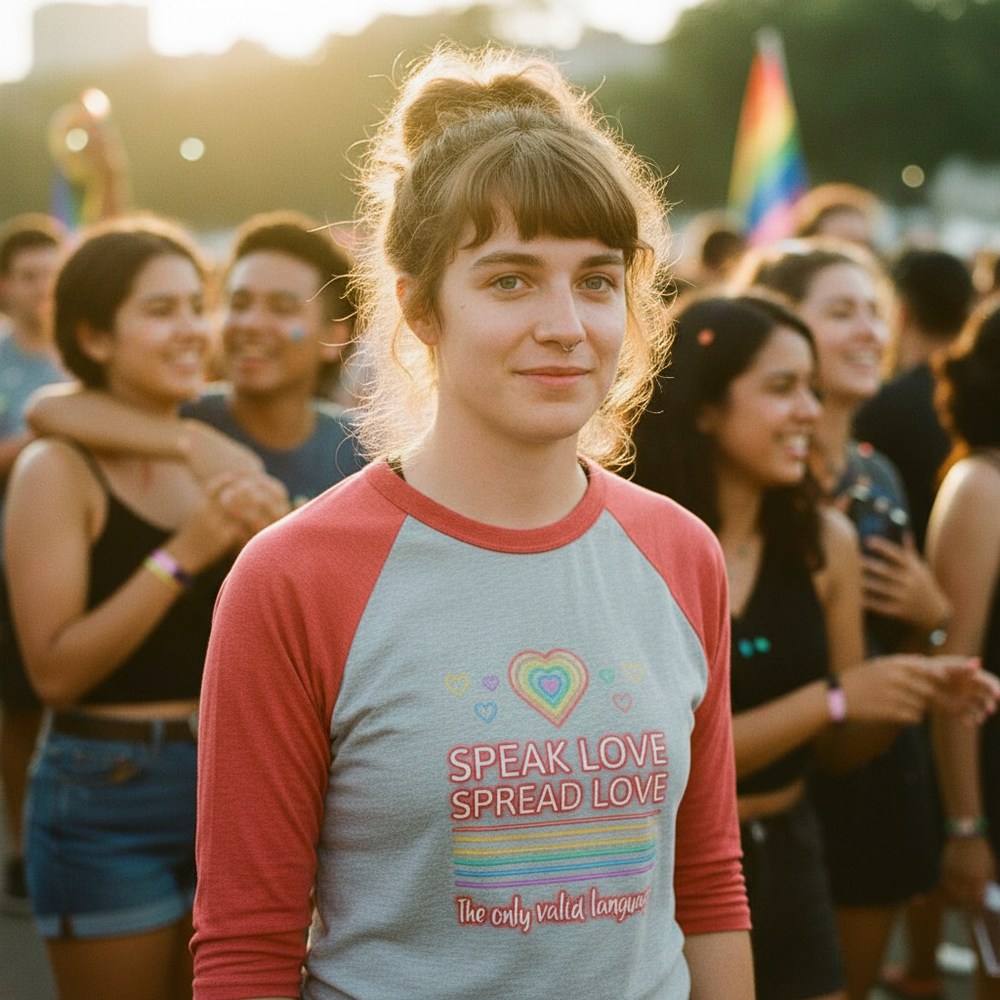Person wearing Gray-and-coral 3/4-sleeve raglan shirt; raglan shirt with “Speak Love Spread Love 3/4 Sleeve” design