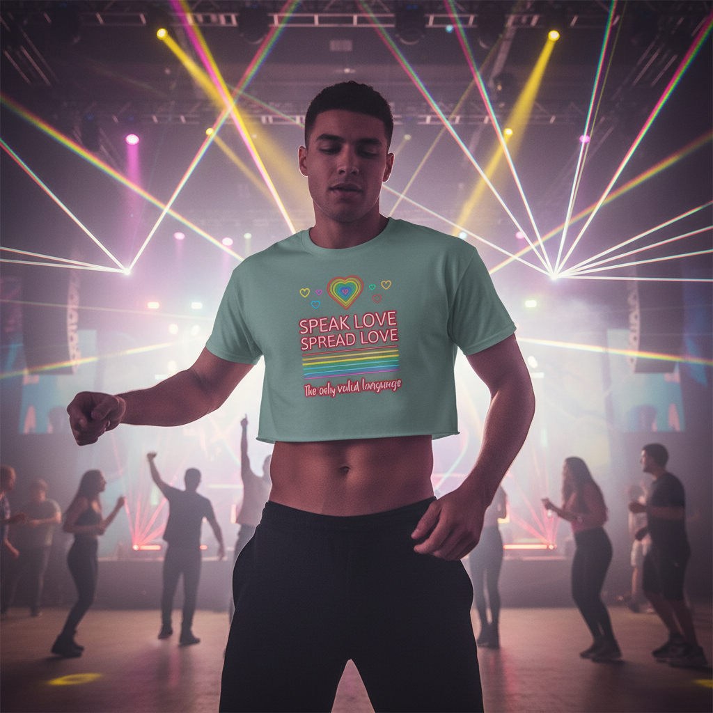 Crop top in mint-green with "Speak Love Spread Love" slogan