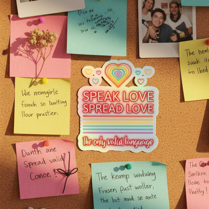 Holographic "Speak Love Spread Love" sticker with rainbow hearts, colorful sticky notes, queer squad photo
