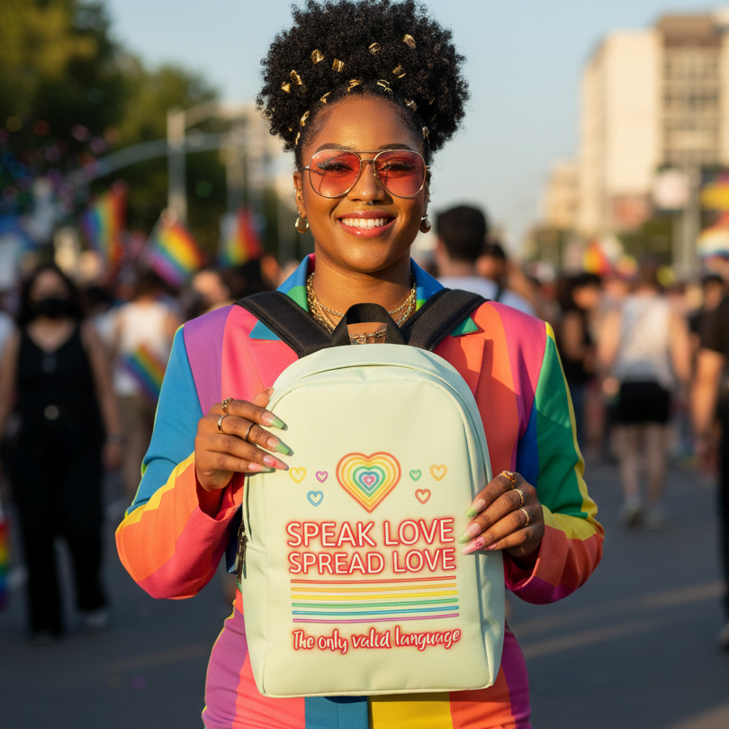 Minimalist backpack with pastel hearts and “SPEAK LOVE, SPREAD LOVE, The only valid language.” At Pride parade