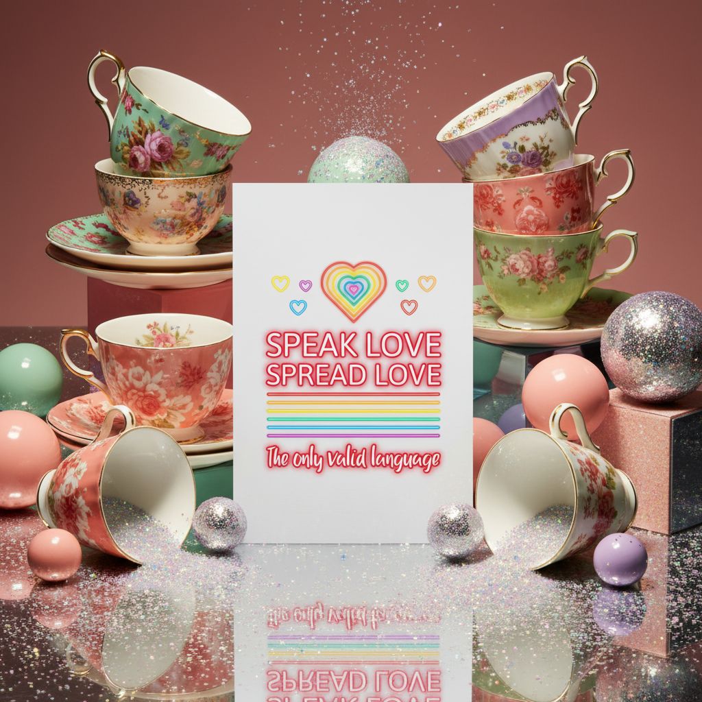 Speak Love Spread Love postcard with a rainbow heart, set among pastel pink, green, and lavender floral teacups