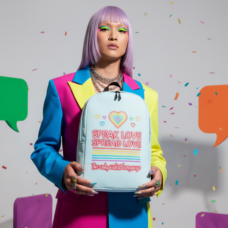 Speak Love Spread Love Minimalist Backpack with "SPEAK LOVE SPREAD LOVE" surrounded by rainbow hearts; pastel purple hair